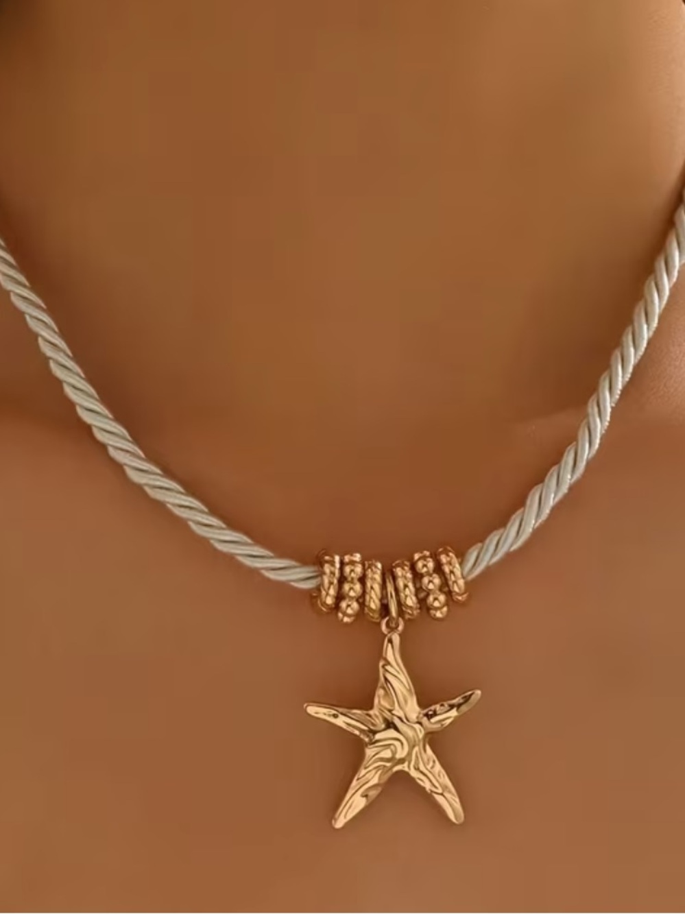 New Bohemian Beachy Starfish Necklace on Cream Rope